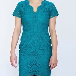 NWT Ann Taylor Loft Teal Green Sweetheart Neckline Lace Sheath Dress 0P 0 Petite